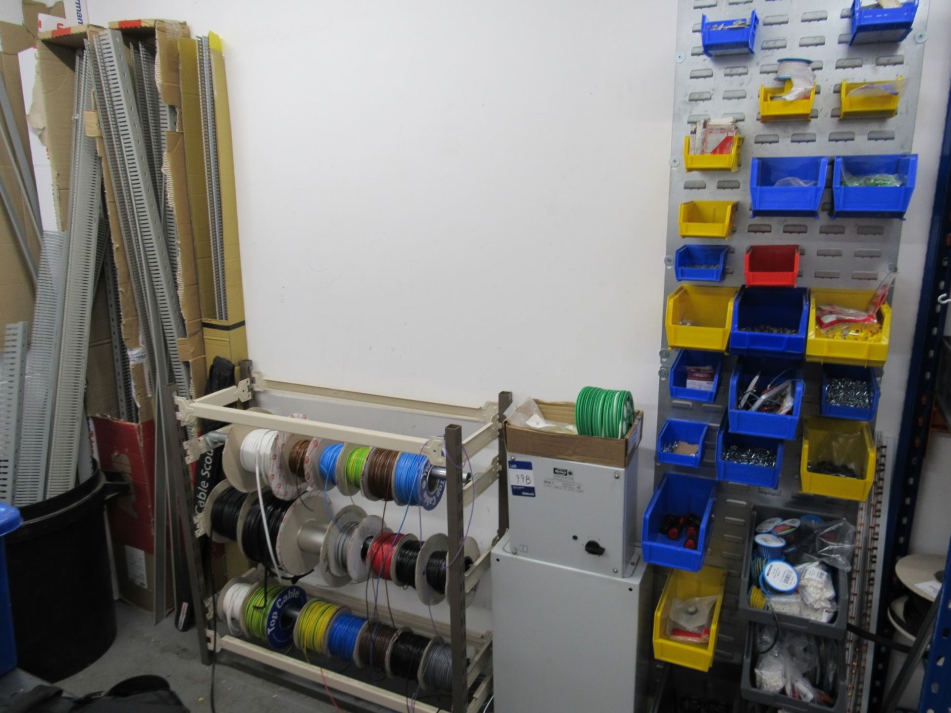 Lin bins and wire reel rack with various stocks