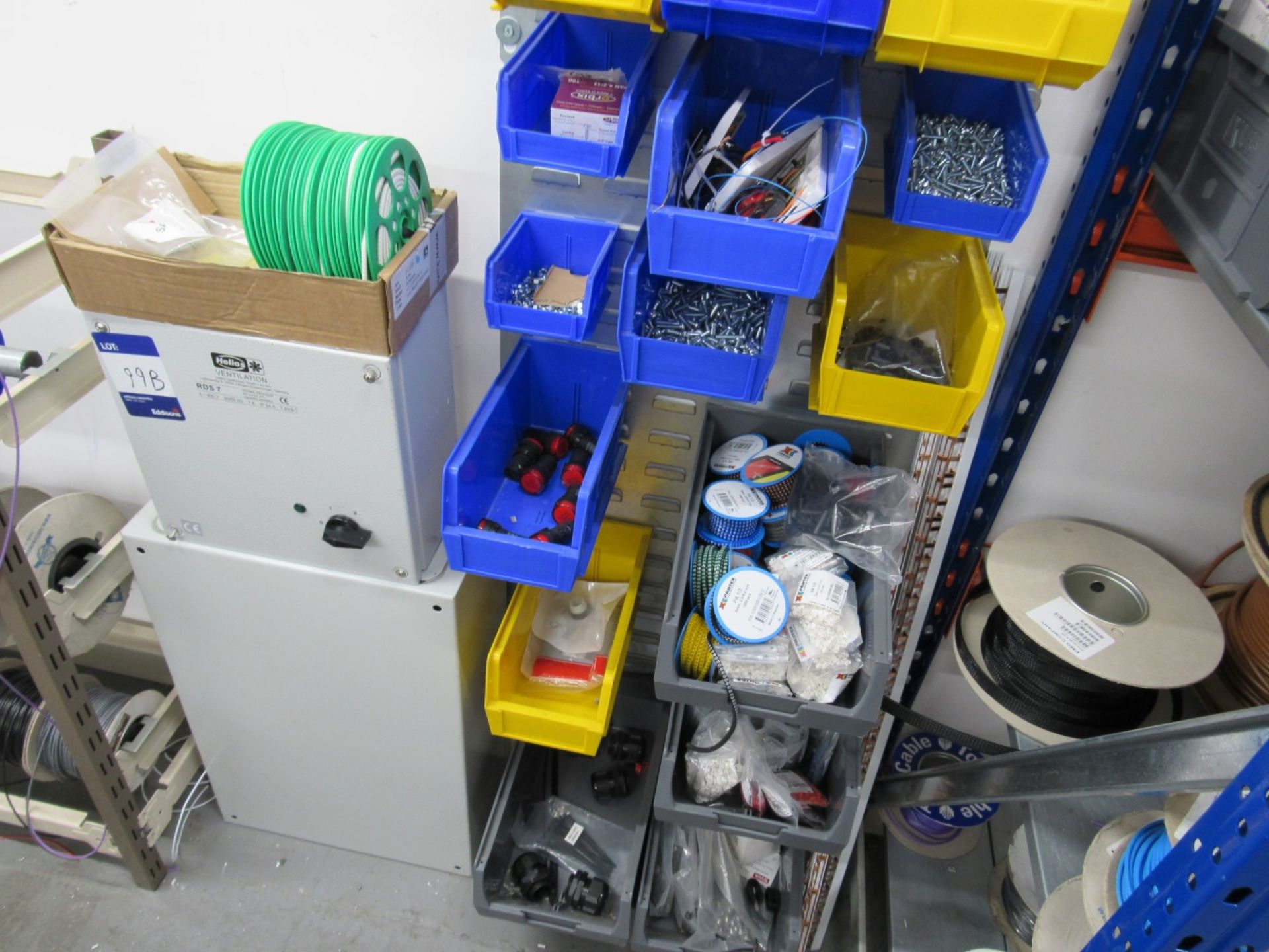 Lin bins and wire reel rack with various stocks - Image 2 of 4