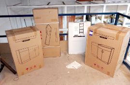 Various bathroom components to include P-Sink basin (Left) (1140x220x500), Vanity cupboard (2 parts)