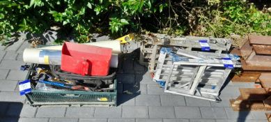2 x Folding bench & basket to include misc. items including spirit level, clamps, brushes etc.