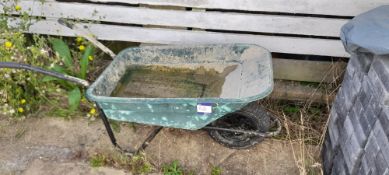 Plastic wheelbarrow & plastic crate including misc. hand tools