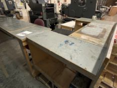 Range of timber framed worktables, 3 steel shelf units, ladder and misc. timber print trollies