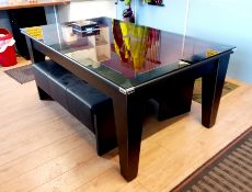 Wooden red velvet 2x1m pool table with black leather 3 person sofa & 3 x black leather benches
