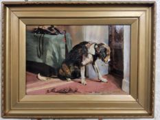 An early 20th century unattributed oil on canvas of a retired hound, titled and dated 'Sixpence
