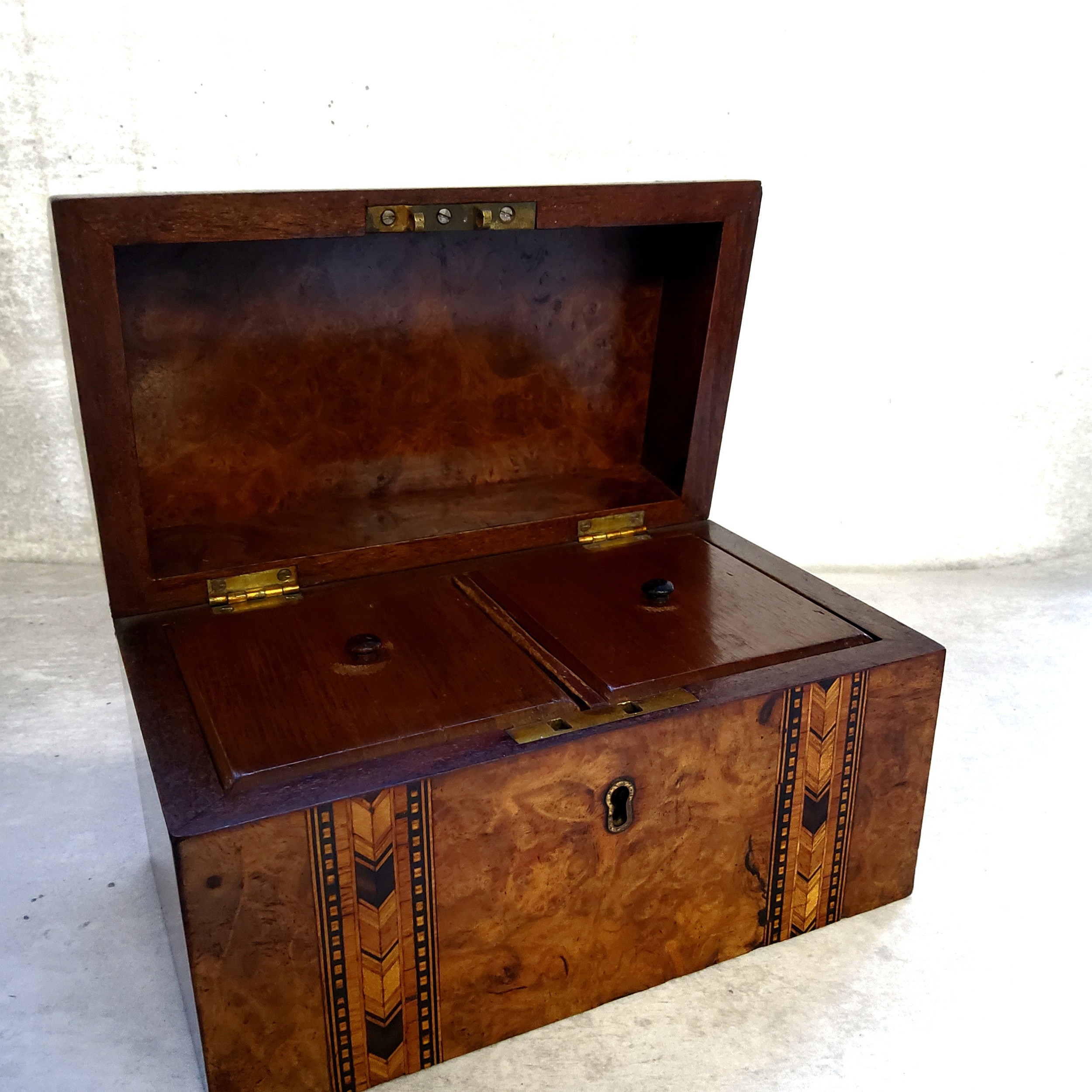 A Victorian walnut Tunbridge Ware parquetry inlaid tea caddy, the hinged domed top opening to reveal - Image 2 of 2
