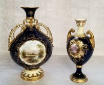 Coalport blue ground two handled ovoid vase, painted with a view of a castle titled Near Dover, by E