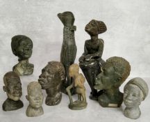 Tribal Art - carved Dolomite stone African bust sculptures, signed Colin Nyarumba and 'Ronnie',