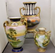 A Noritake two-handled pedestal ovoid vase, decorated with a continuous landscape, 26cm high, blue