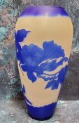 An Art Glass ovoid vase, etched with in blue with honeysuckle, on a white ground,  bears signature