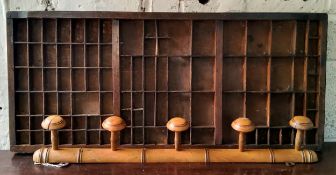 An early 20th century fruitwood faux bamboo hanger/coat hook, with five pegs, 72cm long;  a