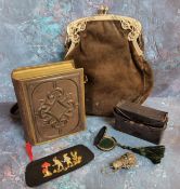 A lady's suede handbag, Art Nouveau chrome clasp;   a Victorian morocco leather-bound pocket edition