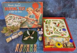 A Merit Remote Control Driving Test, A Test of Skill, boxed;  a tin plate chicken pecking toy;