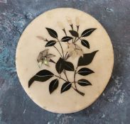 A Pietra Dura oval desk weight, inlaid with floral spray, 12.5cm x 10cm