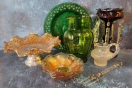 A Victorian ruby glass lustre, clear prismatic droplets, 22cm high, c.1880;   a Victorian green