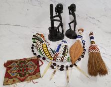 African Art - ebonised figures;  beadwork brush, horn and and spear;  a porcupine and bead necklace;