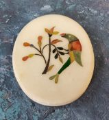 A Pietra Dura oval desk weight, inlaid with a parrot and foliage, 12.5cm x 10cm