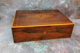 A Victorian rosewood rectangular work box, inlaid with foliate scrolls, 32cm wide, c.1860