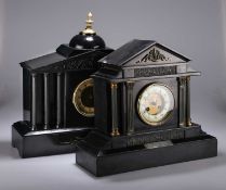 TWO POLISHED SLATE MANTEL CLOCKS, LATE 19TH/EARLY 20TH CENTURY
