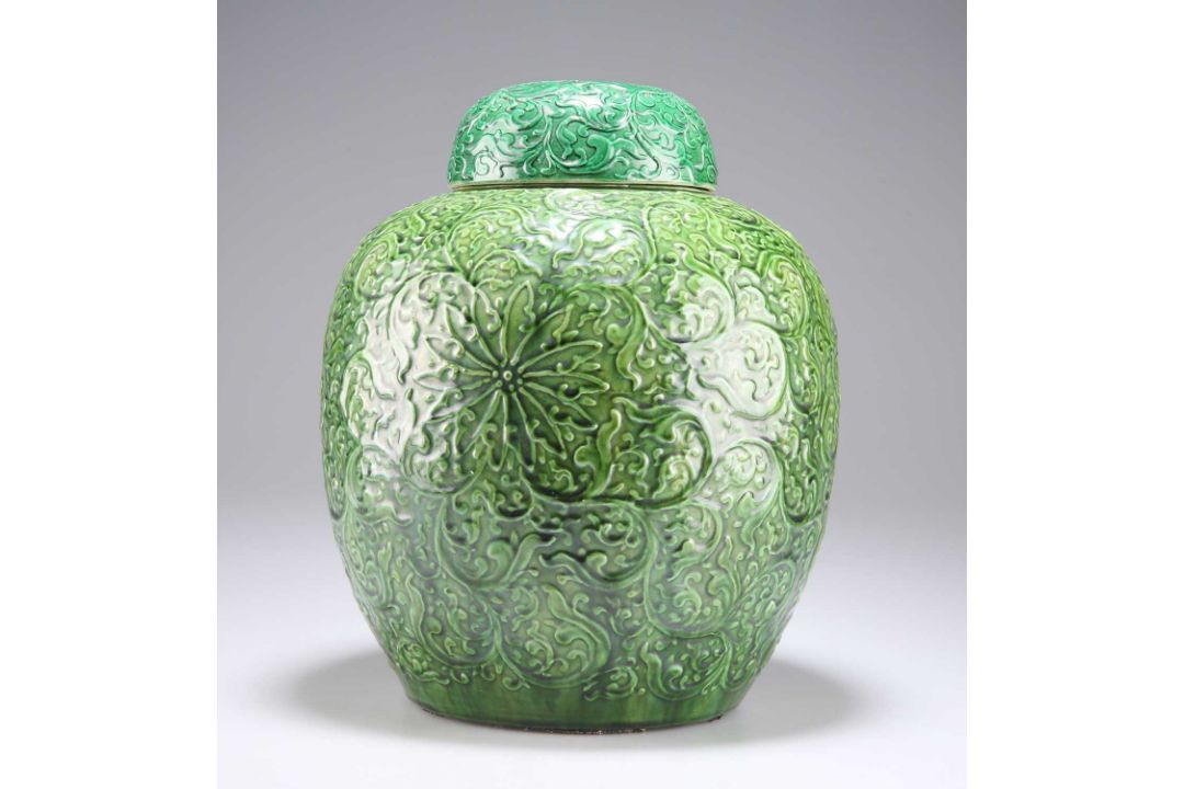 A CHINESE GREEN-GLAZED GINGER JAR AND COVER, CIRCA 1900 - Image 1 of 6