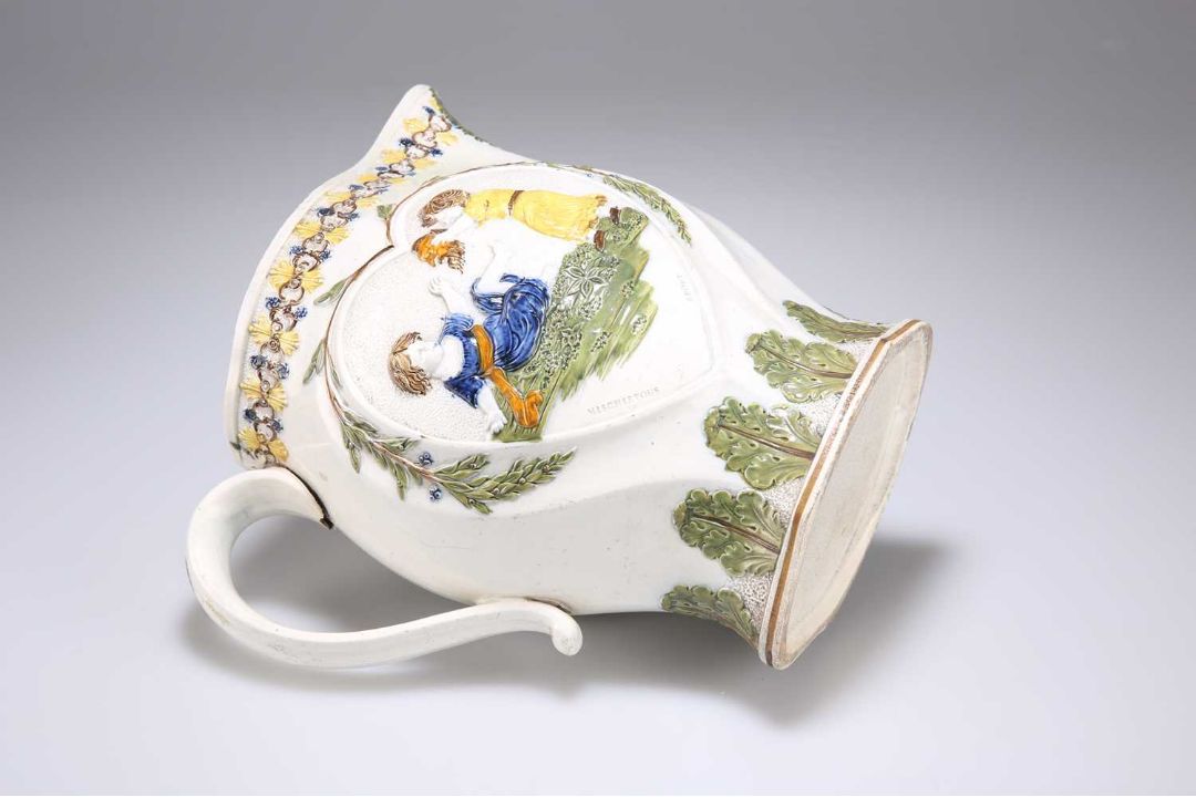 A PEARLWARE JUG MOULDED WITH SCENES REPRESENTING 'MISCHIEVOUS SPORT' AND 'SPORTING INNOCENCE' - Image 3 of 3