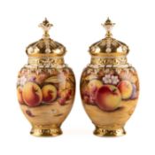 A PAIR OF ROYAL WORCESTER FRUIT PAINTED CROWN-TOP VASES