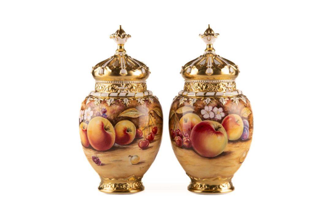 A PAIR OF ROYAL WORCESTER FRUIT PAINTED CROWN-TOP VASES