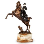MAXIMILIEN LOUIS FIOT (1886-1953), A GILT, COLD-PAINTED BRONZE AND IVORY EQUESTRIAN GROUP