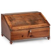 A GEORGE III INLAID MAHOGANY TEA CADDY AND AN EARLY 19TH CENTURY MAHOGANY WRITING BOX