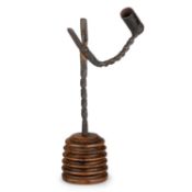 AN 18TH CENTURY WROUGHT-IRON AND WOOD RUSH-NIP LIGHT HOLDER