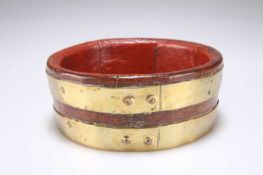 A GEORGE III BRASS BOUND COOPERED BOTTLE COASTER