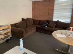 couch, tables, fridge and microwave