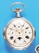 Large nickel silver pocket watch with moon phase calendar, smooth case, enamel dial (restored at "2"