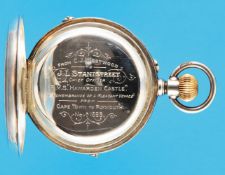 Large silver pocket watch with moon phase calendar, smooth case with monogram L.S., on cuvette dedic
