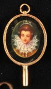 Pocket watch key, 14 ct. gold oval opening setting, oval medallion depicting portrait of lady