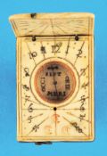 Miniature folding sundial, wood, with cover and plates made of bone, various scales,