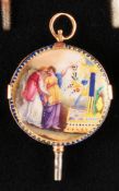 Gold enamel pocket watch key, 14 ct gold back engraved with flower decoration, front engraved with e