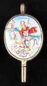 Pocket watch key, oval silver setting, porcelain painting depicting St. George.