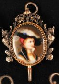 Pocket watch key, oval enamel portrait of a young woman