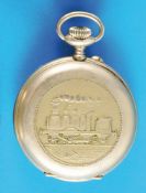 Doxa railwayman pocket watch, metal case with relief depiction of an early locomotive, 