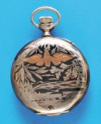 Zenith tulasilver railwayman's pocket watch with depiction of a locomotive and gilded depiction "imp