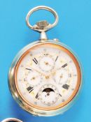 Large metal pocket watch in fine condition with moon phase calendar, smooth case, fine enamel dial w