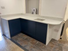 Entire Kitchen Display Comprising; Marble Worktop, Blue Units with Soft Close Doors (Handles Not