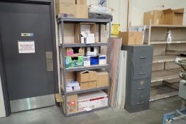Lot of Metal Shelving Unit, Garbage Bags, Bathroom Supplies, Vertical 4-Drawer File Cabinet, etc.
