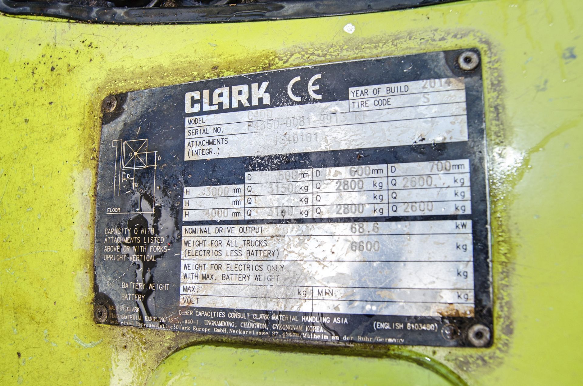 Clark C40D 4 tonne diesel driven fork lift truck Year: 2014 S/N: 9913 Recorded Hours: 4484 N628404 - Image 21 of 21