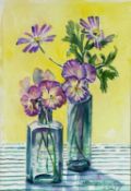 Beverley Fry (b.1948) Pansies in Glass Pots