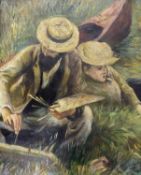 French School (20th Century) An Artist and Companion by the waterside