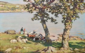 Alfred Egerton Cooper (1883-1974) Lake landscape with figures embarking from a rowing boat