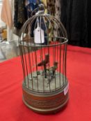 19th/early 20th cent. Continental bird automaton, brass cage, two songbirds on branch with
