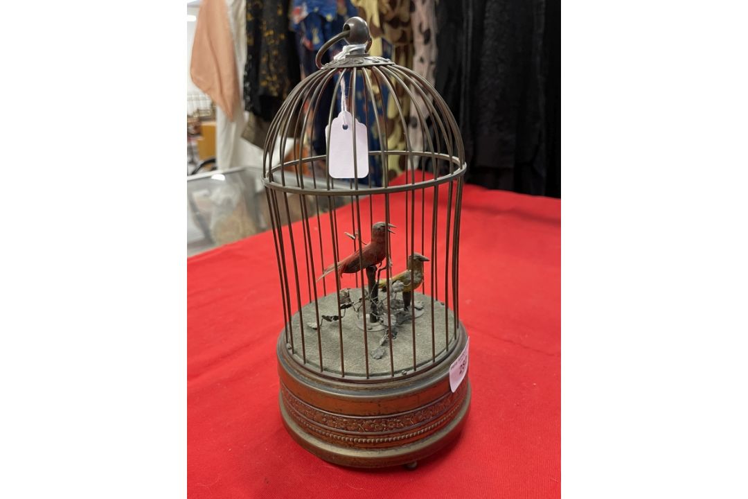 19th/early 20th cent. Continental bird automaton, brass cage, two songbirds on branch with - Image 1 of 9