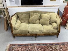 Early 20th cent. French Empire style sofa, carved cherry wood frame with sage green patterned damask